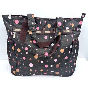 LeSportSac Spring Flower Polka Dot Bubbles Large Brown Tote Bag Handbag Purse